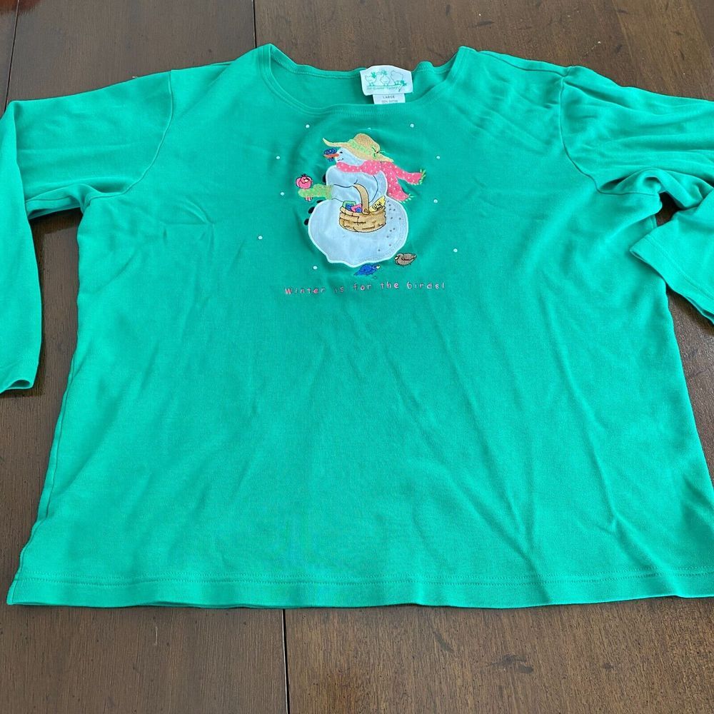 Quacker Factory Snowman Shirt Womens Large Green Christmas 100% Cotton Crew Neck